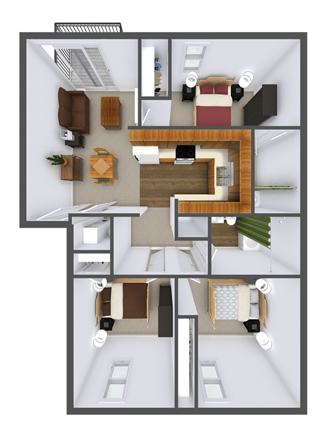 3 Bedroom 2 Bathroom Floor Plan at The Court at Sandstone Apartments, Greenwood, IN